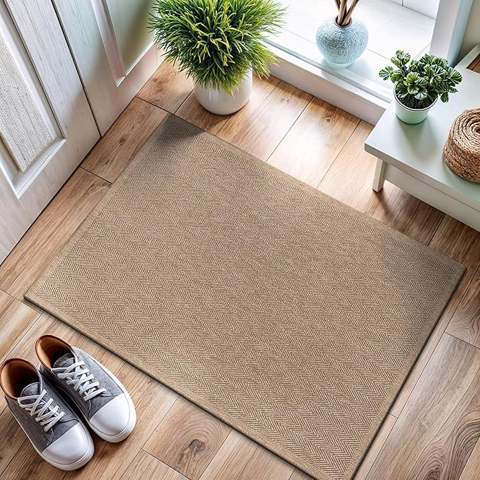 CAMILSON Easy Jute Rug 2x3, Indoor Outdoor Natural Color Fiber Area Rugs for Bathroom and Kitchen Rug, Herringbone Seagrass Boho Woven Design, Easy-Cleaning, Washable Outside Carpet Alfombras (2 x 3)