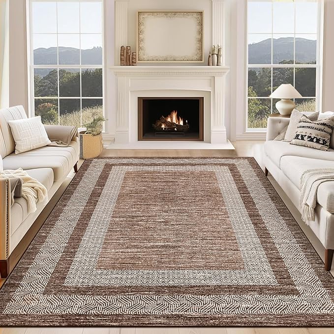 GarveeHome Large Washable Rug 9x12 Modern Geometric Non Slip Distressed Bordered Printed Rug, Soft Non Shedding Indoor Carpet, Low Pile Thin Foldable Mats for Open Spaces Offices, Brown