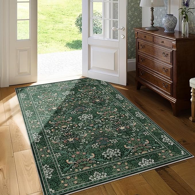 3x5 Floral Washable Area Rugs for Living Room, Vintage Boho Rug for Bedroom Dining Room， Distressed Botanical Birds Non Slip Low Pile Forest Animal Throw Carpet for Farmhouse Office, Bright Green