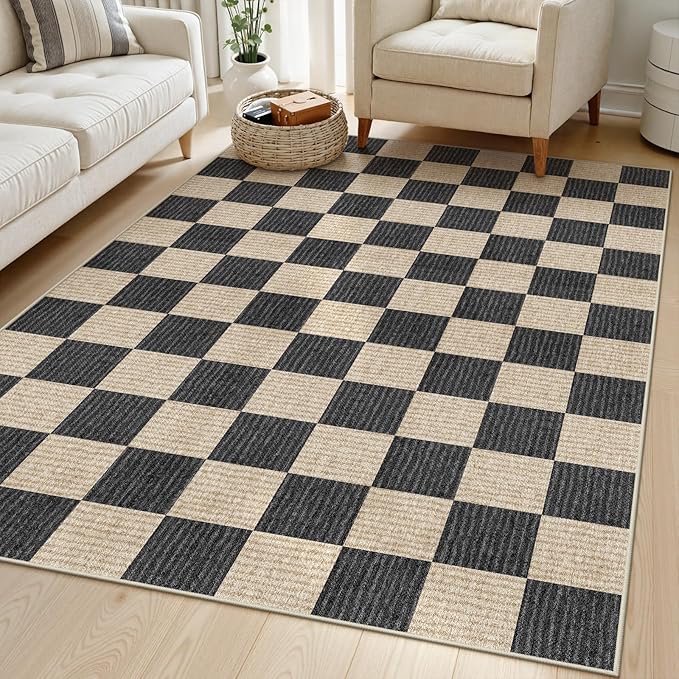 LIVEBOX 4x6 Washable Area Rug Checkered, Non-Slip Small Entryway Rug Black Farmhouse Neutral Classic Geometric Boys Rug for Bedroom Living Room Low-Pile Carpet for Indoor Kitchen Bathroom(Black 4'x6')