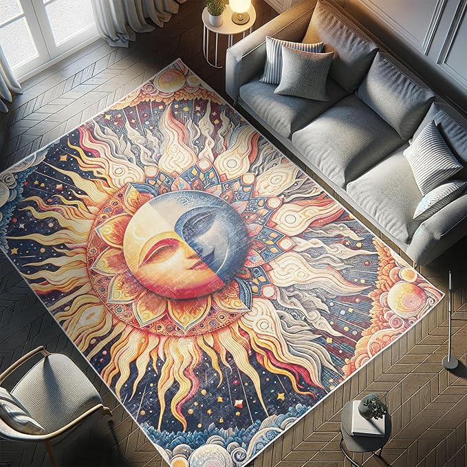 Ambesonne Sun and Moon Decorative Rug, Modern Esoteric Celestial Lunar Motif with Boho Paisley Details, Quality Carpet for Bedroom Dorm and Living Room, 2' 2" x 3' 7", Pale Orange Indigo Beige