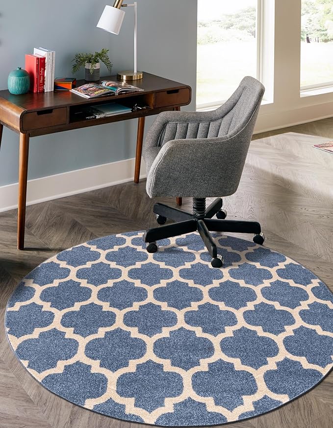 Rugs.com Lattice Collection Rug – 3 Ft Round Light Blue Medium-Pile Rug Perfect for Kitchens, Dining Rooms