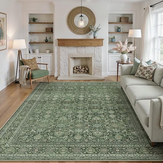 Area Rug 9x12 Green Washable Living Room Carpet Soft Non Slip Vintage Bedroom Indoor Office Traditional Retro Distressed Large Thicker Throw Rug for Dining Room Playroom