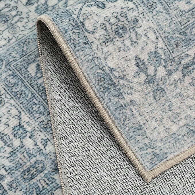 Vintage Area Rug 5x7 Blue Washable Living Room Large Carpet Non Slip Bedroom Indoor Office Low Pile Traditional Distressed Retro Accent Rug for Dining Room Bathroom Kitchen