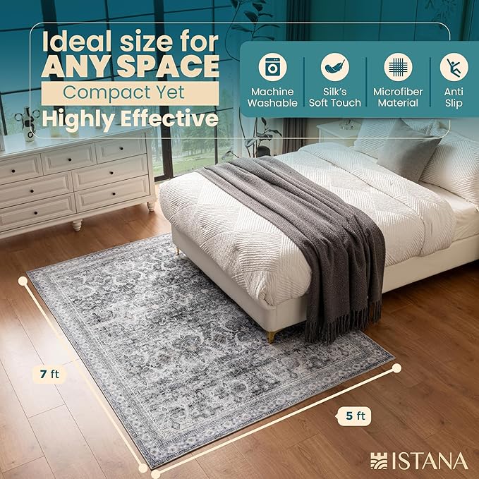 Istana 5x7 Area Rug - Grey Rugs for Living Room 5x7 - Foldable Rugs for Bedroom - Stain Resistant Washable Rug - Eco-Friendly Boho Area Rugs - Easy to Clean Living Room Rug