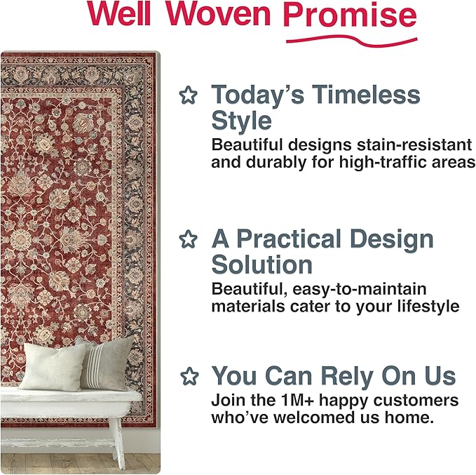 Well Woven Asha Rome Red 5'3" x 7'3" Area Rug - Oriental Floral Pattern, Easy Clean, Floor-Friendly Backing - for Living Room, Bedroom, and Dining Room