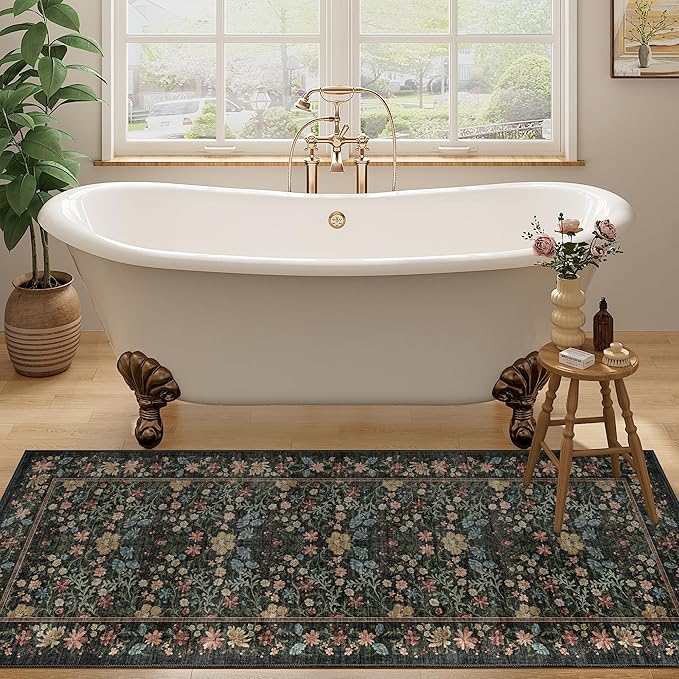 DUKINO 2x5 Washable Runner Rug, Floral Non Slip Bathroom Rugs with Soft Low Pile Design, Lightweight Non-Shedding Carpet Runner for Bathroom, Kitchen, Hallway, Bedroom, Laundry, Black