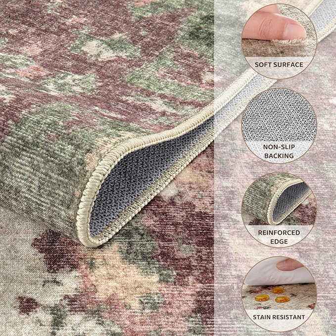 5x8 Area Rug Living Room Rugs - Washable Neutral Modern Abstract Soft Thin Rug Indoor Floor No Slip Rug Carpet for Bedroom Under Dining Table Home Office Decor - Purple/Green/Beige