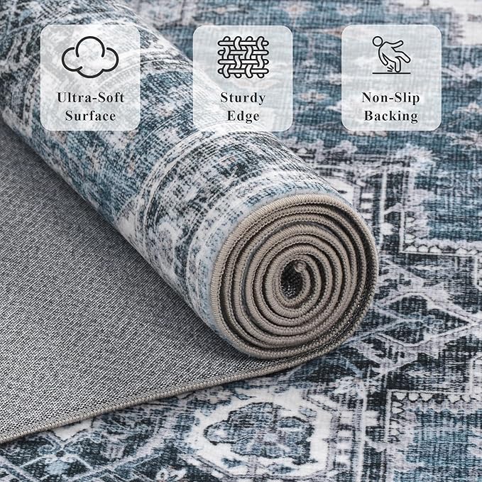 2x6 Vintage Runner Rug Low Pile Runners Non-Slip Machine Washable Rug Retro Distressed Print Lightweight Carpet for Hallway Kitchen Living Room Bedroom Laundry Room