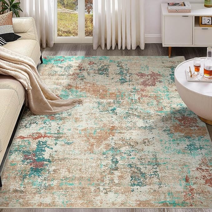8x10 Christmas Area Rug Living Room Rugs - Washable Neutral Modern Abstract Soft Thin Large Rug Indoor Floor No Slip Rug Carpet for Bedroom Under Dining Table Home Office Decor -Colorful