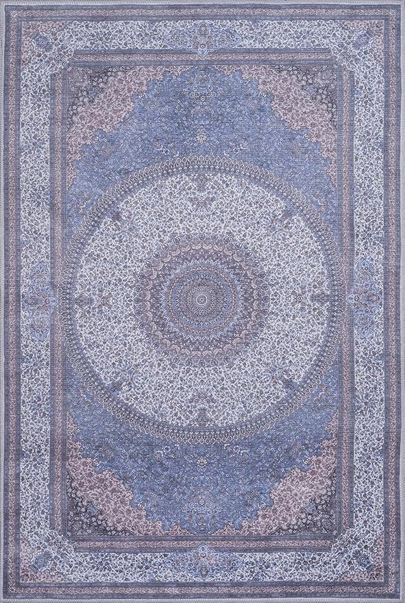 GLN Rugs Traditional Collection - Machine Washable Area Rug, Traditional Washable, Non Slip, Low Pile Chenille Rug, Living Room, Bedroom, Kitchen Rug (6' x 9' Navy/Off White)