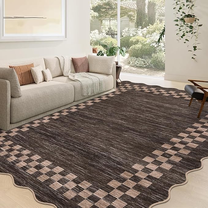 GarveeHome Washable Rug 5x7 for Living Room Large Bedroom Scalloped Rug Non Slip Stain Resistant Modern Border Throw Carpet Soft Boho Rug for Dining Room Nursery Home Office, Brown
