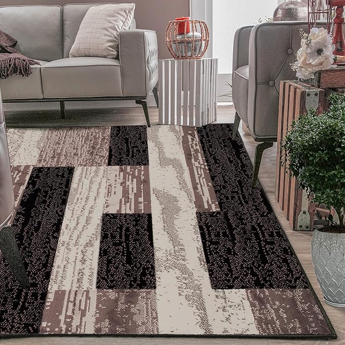 SUPERIOR Indoor Area Rug, Jute Backed, Modern Geometric Patchwork Floor Decor for Bedroom, Office, Living Room, Entryway, Hardwood Floors, Rockwood Collection, 9' x 12', Chocolate