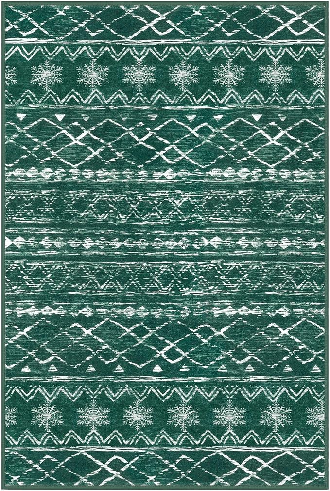 KUTA 3x5 Christmas Enreyway Rug, Moroccan Boho Washable Area Rugs for Living Room Non Slip, Green Ultra Soft Print Distressed Geometric Low-Pile Entry Throw Carpet for Bedroom Nursery Dorm