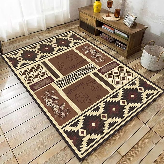 UNREASTO Western Area Rugs 6x8ft Vintage Country Southwestern Native Botanical Farmhouse Rug Floor Mats, Rustic Pine Cone Non-Slip Washable Throw Rugs for Hallway Living Room Bedroom Hardwood Floors
