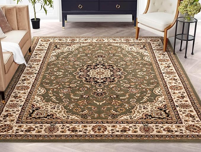 Well Woven Barclay Collection Medallion Kashan Green 4x5 Area Rug - for Entryways, Small Bedrooms, Living Rooms