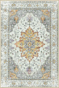 Area Rugs Square 7ft Washable Non-Slip, Floral Vintage Distress Print Pattern Medallion Carpet for Living Room Bedroom Dining Room, Light Yellow Carbon Grey Orange
