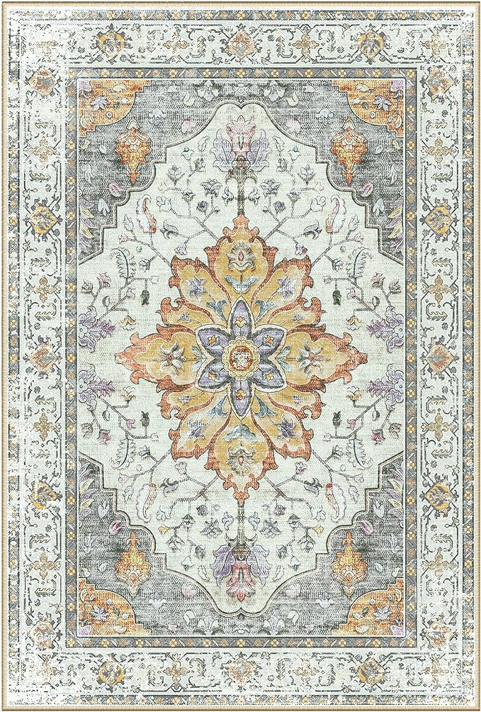 Area Rugs Square 6ft Washable Non-Slip, Floral Vintage Distress Print Pattern Medallion Carpet for Living Room Bedroom Dining Room, Light Yellow Carbon Grey Orange