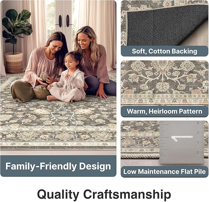 Well Woven Asha Rome Charcoal Brown 9'10" x 13' Area Rug - Oriental Floral Pattern, Easy Clean, Floor-Friendly Backing - for Living Room, Bedroom, and Dining Room