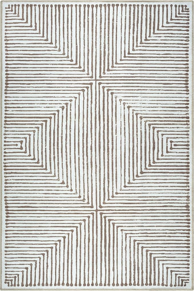 Bloom Rugs Washable Non-Slip 4' x 6' Rug - Brown Striped Area Rug for Living Room, Bedroom, Dining Room, and Kitchen - Exact Size: 4' x 6'
