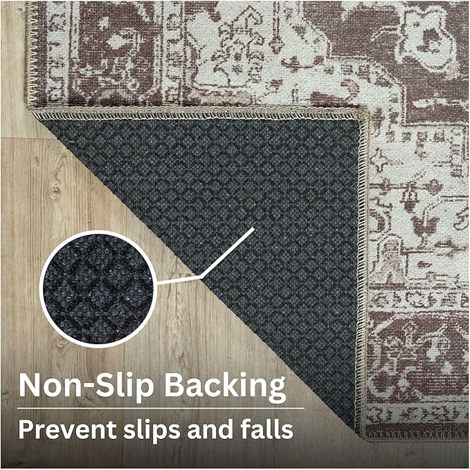 Bloom Rugs Washable Non-Slip 6' x 9' Rug - Dark Brown Traditional Medallion Area Rug for Living Room, Bedroom, Dining Room, and Kitchen - Exact Size: 6' x 9'