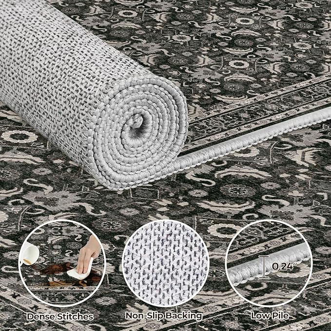 WITSHOCK Living Room Area Rugs 3x10: Soft Non-Slip Backing Washable Rugs Vintage Large Carpet for Bedroom Office Dining Room Kitchen Stain Resistant Home Decor Rug,Black