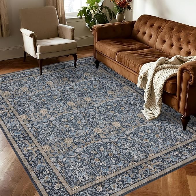 Washable Living Room Rug: 6x9 Boho Floral Soft Area Rug for Bedroom Decor - Vintage Low Pile Thin Carpet for Dining Room Non-Slip - Farmhouse Stain Resistant Rugs - Slate Blue