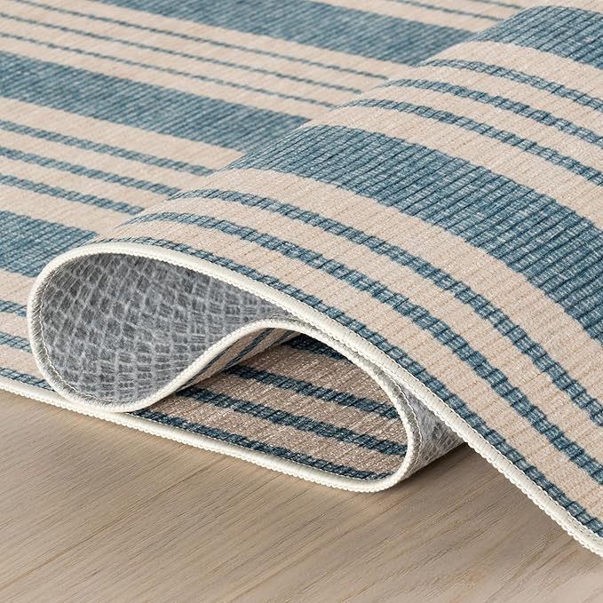 Dash & Albert Talos Blue Machine Washable Rug, 3 X 5 Feet, Blue/Ivory Stripe Pattern