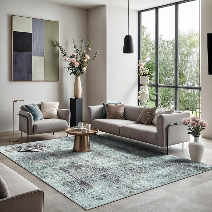 GLN Rugs Contemporary Collection - Machine Washable Area Rug, Contemporary Washable, Non Slip, Low Pile Chenille Rug, Living Room, Bedroom, Kitchen Rug (9' x 12' Grey/Green)