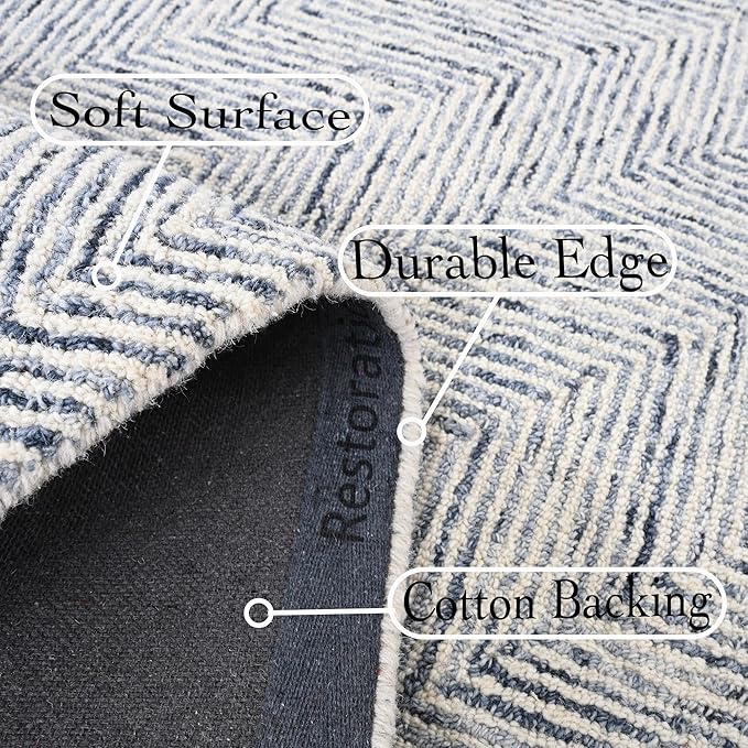Modern Herringbone Chevron Collection Handcrafted Wool Area Rug - Durable, Zigzag Pattern, for High Traffic, Contemporary Design for Living Room, Bedroom, Dining Room Decor (Denim blue, 2.6' x 10')