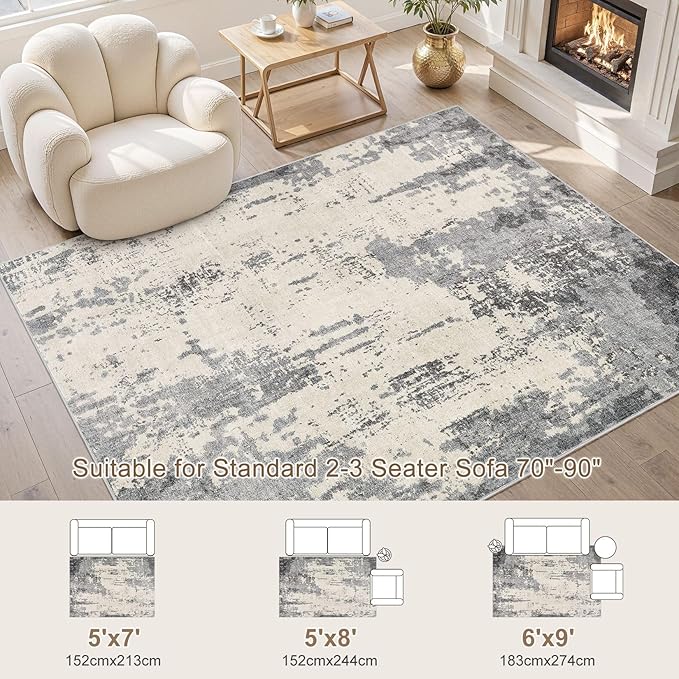 6x9 Area Rug Living Room Rugs - Washable Neutral Modern Abstract Soft Thin Rug Indoor Floor No Slip Rug Carpet for Bedroom Under Dining Table Home Office Decor - Grey/Light Brown