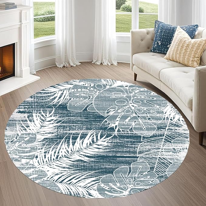 Washable Round Rug 7ft - Blue Tropical Botanical Pattern, Non-Slip Low Pile No Shedding Carpet, Soft Flannel Feel Rug for Living Room, Bedroom, Bathroom，Indoor Use