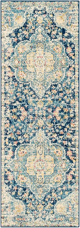 Livabliss Area Rugs - 3x7 Romaine Vintage Boho Navy Sky Blue Rose Runner Area Rug for Living Room Bedroom - Floral Medallion Stain Resistant Carpet for Kitchen, Nursery, Office (2'7" x 7'6", Runner)