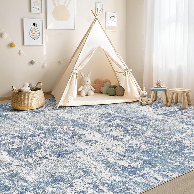 8x10 Area Living Room Rugs - Washable Neutral Modern Abstract Soft Thin Rug Indoor Floor No Slip Rug Carpet for Bedroom Under Dining Table Home Office Decor - Blue White