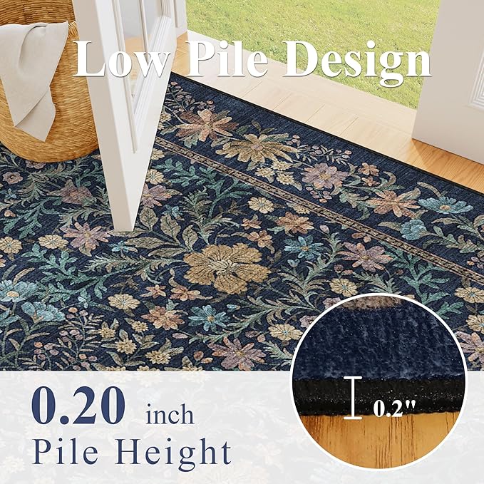 DUKINO 5x7 Area Rugs, Floral Washable Rugs for Bedroom with Non Slip Backing, Vintage Low Pile Indoor Floor Carpets for Bedroom, Living Room, Farmhouse, Home Office, Dining Room, Dark Blue