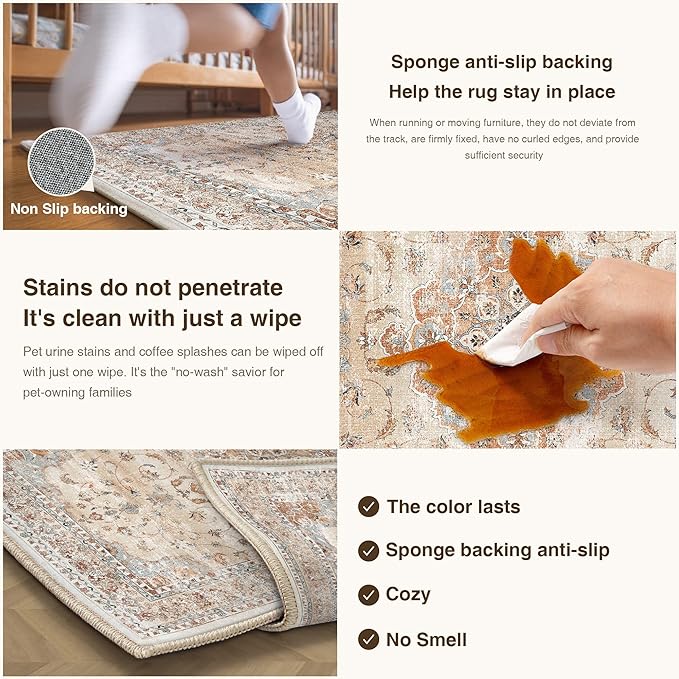 HUGEAR Machine Washable Area Rugs 8x10 Vintage Orange Large Living Room Bedroom Rug Neutral Style Non Slip Stain Resistant Low Pile Throw Carpet for Home Retro Aesthetic Modern Decor