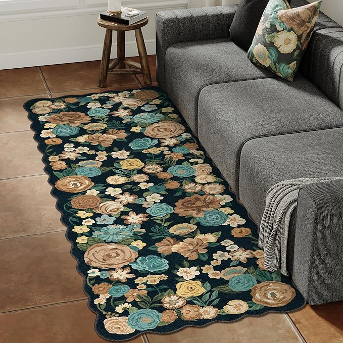 Washable Floral Runner Rug 2x6 Black Hallway Carpet Scalloped Flower Non Slip Soft Long Kitchen Runner Farmhouse Low Pile Thin Indoor Floor Cover for Bathroom Bedroom Laundry Room Entryway