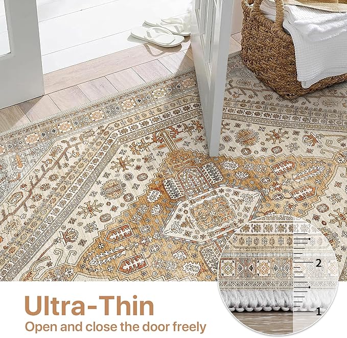 Bavni Runner Rug 2x10 Kitchen Rugs for Hallways Entryway, Washable Vintage Print Carpet, Ultra-Thin Chenille Low Pile Lightweight Rug with Non Slip Backing, Tan/Grey