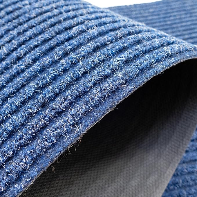 English Home Custom Size Non Slip Striped Design Durable PVC Non Slip Backing Tough Pile Runner Rug for Hallway, Outdoor, Indoor, Commercial, Residential, Pool, Office (Dark Blue, 26" x 11')