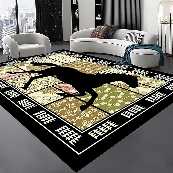 Western Horse Print Rugs 3x5ft,Boho Floral Area Rug, Botanical Print Low Pile Carpet, Stain-Resistant & Machine Washable Non-Slip Mat for Living Room, Bedroom, Dining Room
