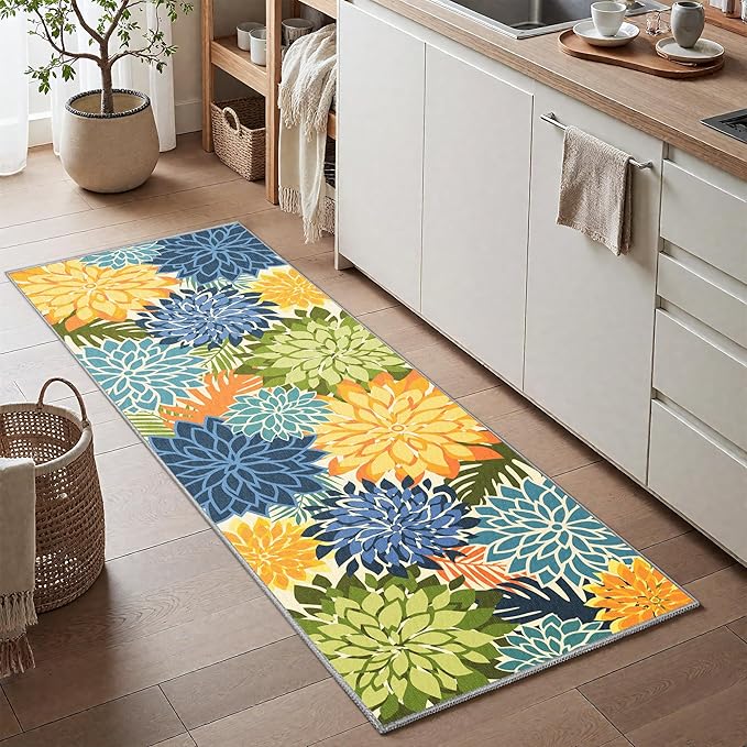 Colorful 2x6 Washable Runner Rug for Hallway Tropical Botanical Modern Floral Chenille Kitchen Rugs Low Pile Non Slip Carpet for Patio, Bedroom, Laundry, Green