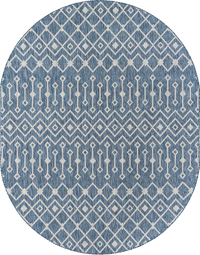 Unique Loom Outdoor Trellis Collection Area Rug - Tribal Trellis (7' 10" x 10' Oval, Blue/ Ivory)