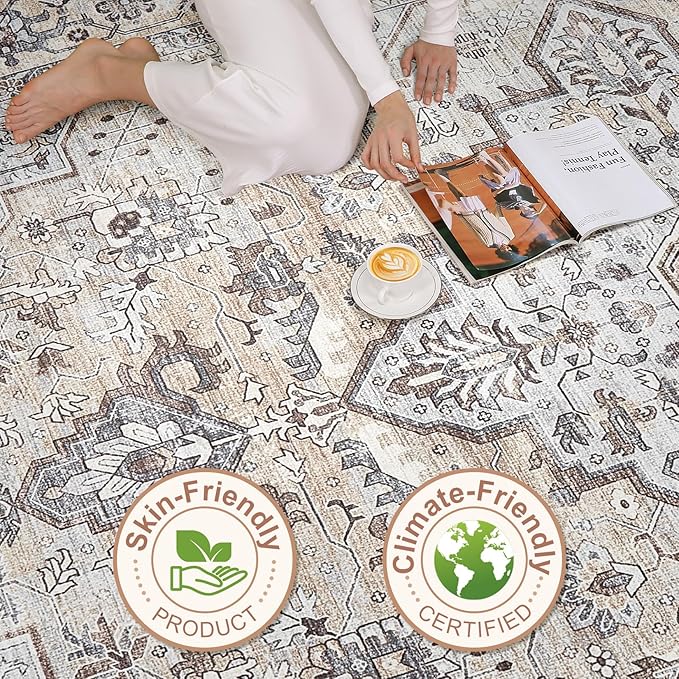 6x8 Area Rug Living Room: Washable Boho Large Neutral Vintage Soft Rugs Stain Resistant Farmhouse Non Slip Indoor Floor Carpet for Bedroom Nursery Kids Playroom Office Dining Room Home- Ivory Gray