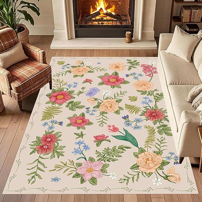Rustic Flower Area Rug, 6x8ft, Classic Colorful Bohemian Floral Pattern with Beige Large Hall Botanical Rug, Non Slip No Crease Easy Care Girls Room Decor Carpet for Relax Room Bedroom