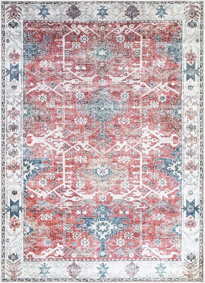 Bloom Rugs Washable Non-Slip 5' x 7' Rug - Red/Blue Traditional Area Rug for Living Room, Bedroom, Dining Room, and Kitchen - Exact Size: 5' x 7'