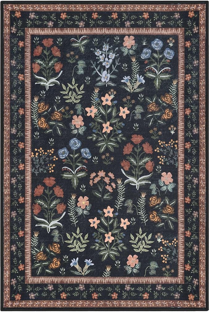 Boho Entryway Rug 2x3 Washable, Black Navy Floral Kitchen Rug, Super Thin Faux Wool Small Area Rug, Non-Slip Soft Carpet for Foyer, Bedroom, Office