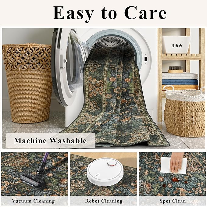 9x12 Floral Washable Area Rug for Living Room, Vintage Boho Large Rugs for Bedroom Dining Room, Botanical Birds Non Slip Low Pile Forest Throw Carpet for Farmhouse Office, Retro Gold/Green