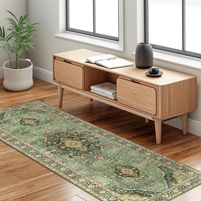 Green Runner Rugs for Hallway 2x6 Ft Non-Slip Fall Runner Rugs with Rubber Backing Washable Rug Runner for Kitchen Bedroom Vintage Distressed Carpet (Border Green)