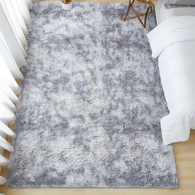 Andency Soft Area Rugs for Living Room Bedroom, 5x8 Fluffy Shaggy Bedside Rug, Non-Slip Large Shag Fuzzy Plush Carpets for Bedroom Kids Dorm Nursery Home Decor Aesthetic, Tie-Dyed Light Grey