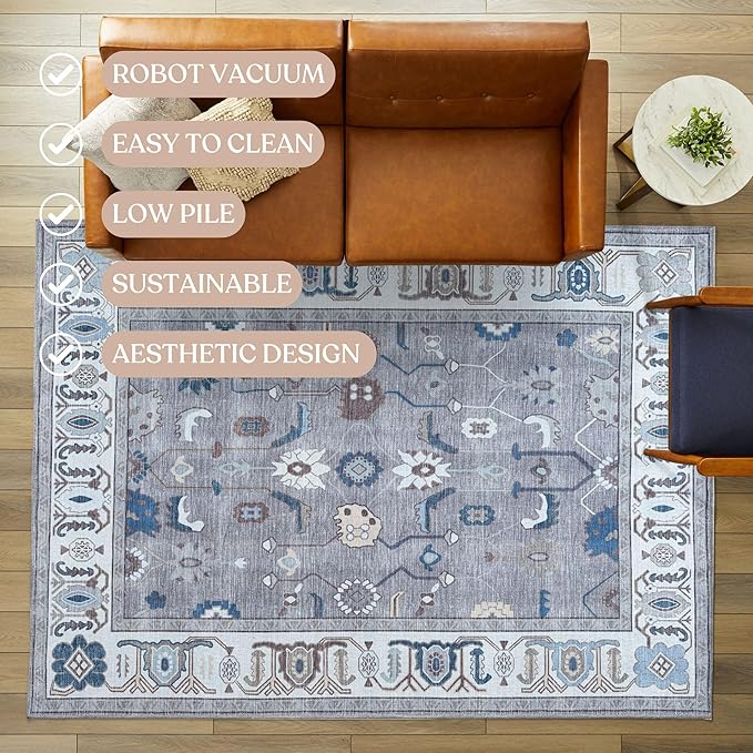 Fame Living Grey Oushak Runner Rug, Modern Runners, Vintage, Turkish, Eclectic, Floral, Pastel, Washable, Long Runner Rugs for Hallway, Kitchen, Living Room, Bedroom, Kitchen, Bathroom, 2'5"x13'